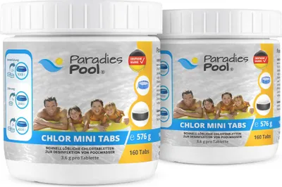 Produktbild von Paradies Pool, Poolchemie, Wasserdesinfektion, Mini-Tabletten, 3,6g pro Tablette, 320 Stück, schnelllöslich, lang anhaltende Wirkung, für Planschbecken, Minipools, Splashpools, Whirlpools und Frame Pools, Biozid-Reg.-Nr. N-100520