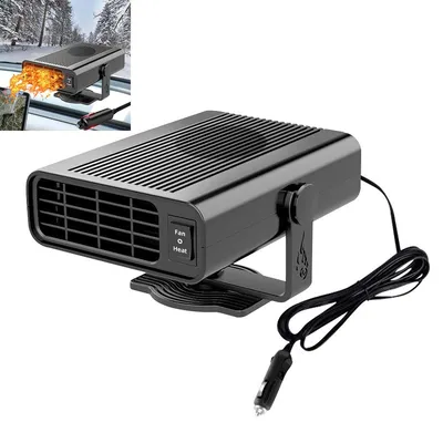 A black car heater with a power cord and plug, shown against a white background. A smaller inset image shows the heater in use on a car windshield in a snowy environment.