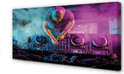 Immagine prodotto di Stampa su tela, dimensioni 100x50 cm, opera d'arte da parete raffigurante console per DJ e luci colorate