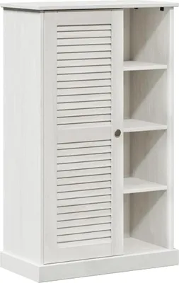 A white wooden cabinet with a louvered door and open shelves.