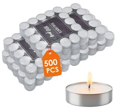 Image de Bougie chauffe-plat classique non parfumée dans une enveloppe en aluminium, 38 mm, durée de combustion de 4 heures - 500 pièces - Bougie de table blanche non parfumée dans une enveloppe argentée