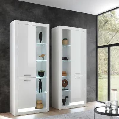 Produktbild von Modernes und zeitloses Design Vitrinen Set MAILAND-61 in Hochglanz weiß inkl. LED-Beleuchtung, B/H/T: 180/195/37cm