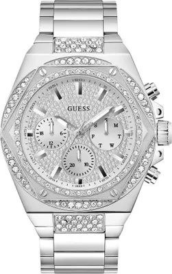 A silver Guess watch with crystal embellishments.