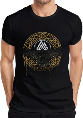 Produktbild von Wikinger Rabe Valknut Symbol Nordische Mythologie Runenkreis Herren T-Shirt, Schwarz, XL