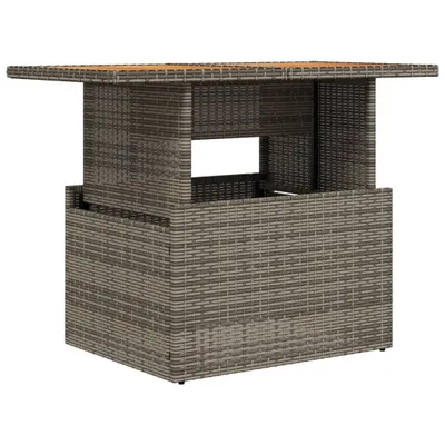 A gray poly rattan bar table with an acacia wood top, shown from a front-side angle against a white background.