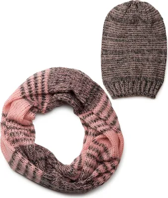 Produktbild von styleBREAKER Schal und Mütze Kombi Set, gestreifter Glattstrick Loop Schlauchschal mit Strick Beanie Mütze 01018204