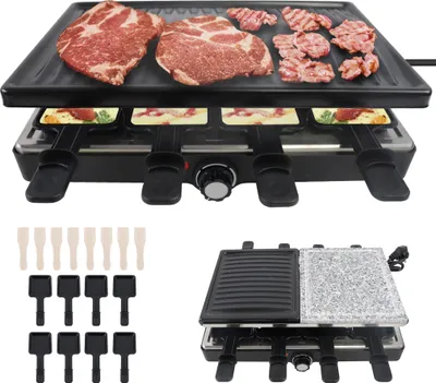 Zdjęcie produktu dla XMTECH 1400W grill raclette z naturalnym kamieniem do grillowania, elektryczny grill stołowy z nieprzywierającą powierzchnią do grillowania, elektryczny grill raclette z 8 patelniami i 8 drewnianymi szpatułkami