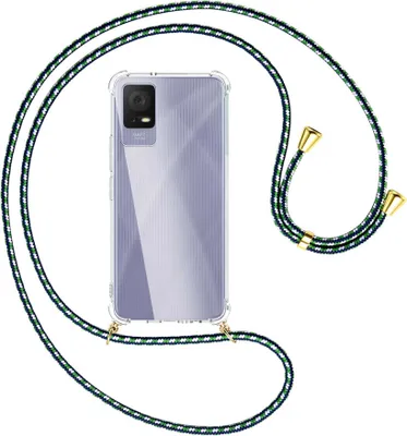 Produktbild von Handykette Backcover-Schutzhülle mit Band (Metall goldfarben) für TCL 405 (T506D, 6.6'') - grün/blau/weiß