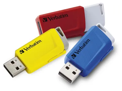 Produktbild von Verbatim Store 'n' Click - USB-Stick, USB 3.2 GEN1 - 3x16 GB, Rot/Blau/Gelb, 16 GB, USB Typ-A, 3.2 Gen 1 (3.1 Gen 1), 80 MB/s, Dia, Blau, Rot, Gelb