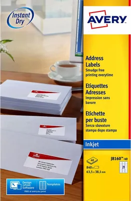 Produktbild von Avery – Etikett J8160-25, 63,5 x 38,1 mm, weiß, 525 Etiketten