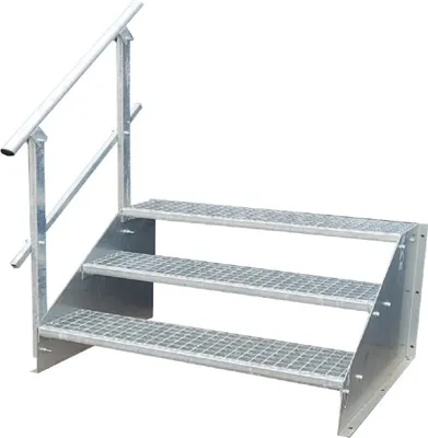 Produktbild von 3 Stufen Standtreppe Modell 1 Treppe Stahltreppe freistehend Breite 80 cm Höhe 63 cm verzinkt mit einseitigem Geländer