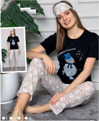 Produktbild von Damen Pyjama Schlafanzug Schwarz XXL Kurz 3-Teiler Set mit Augenband L-72