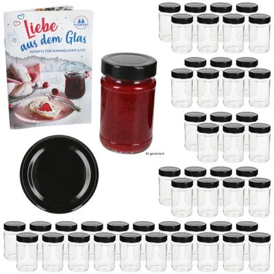 Produktbild von 50er Set Marmeladenglas 220ml Deep Deckel Schwarz & Heft Hochrandglas