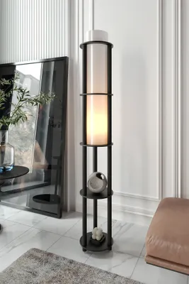 Image de Opviq, lampadaire moderne en papier kraft et MDF, noir, hauteur 150 cm, 1 x E27 max. 40 W, IP20, design industriel élégant pour des intérieurs raffinés.