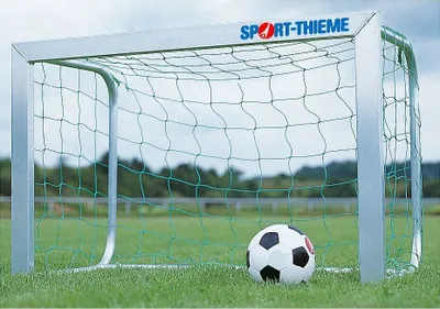 A mini soccer goal with a soccer ball in front of it, set on a grassy field.