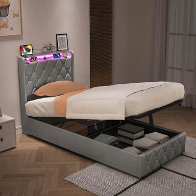 Obrázok produktu pre UnboxG čalúnená posteľ 90x200 cm s USB portom, posteľ pre mládež, jednolôžková posteľ s roštom a úložným priestorom, posteľ s úložným priestorom a LED osvetlením, zamat, sivá farba