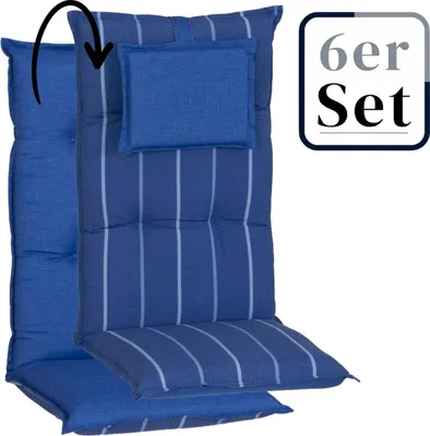 Produktbild von 6er Set Hochlehner Auflage Tovarnik, Motiv - Uni / gestreift, blau, 118x46x8cm