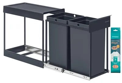Obrázek produktu pro SONGMICS, odpadkový koš do kuchyně, výsuvný, ocelová konstrukce, víko z ABS plastu – šedá barva, objem 2 x 15 litrů