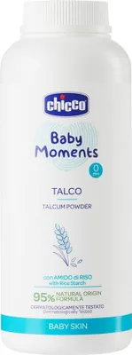 A white bottle of Chicco Baby Moments Talcum Powder.