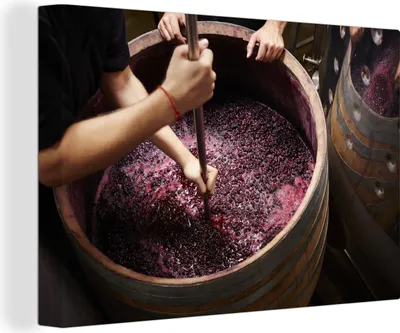 Produktbild von OneMillionCanvasses® - Leinwandbilder - 140x90 cm, Holzfass mit Trauben wird zu Wein zerstampft, Wandbilder Kunstdruck Wanddekoration