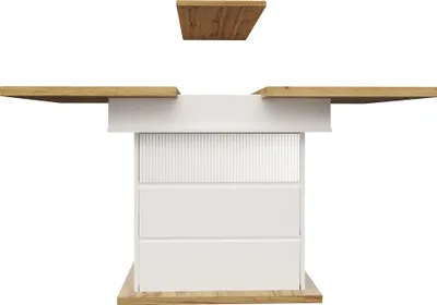 Image de okwish Table de cuisine pliante avec trois niveaux de rangement, pour 4-6 personnes, table à manger extensible avec casier à vin et tiroirs, meuble pour cuisine et salon – blanc