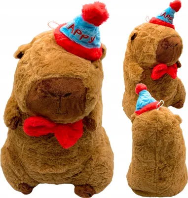 A collage of three images showing a plush capybara toy wearing a party hat and a bow tie.