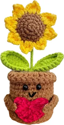 Productafbeelding van Inoe Handgemaakte gehaakte zonnebloem met hart - Pluche decoratiefiguur - 12 x 6 cm - Bruin-geel
