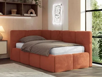Produktbild von MKS MEBLE Jugendbett 90x200 cm ARVO Polsterbett mit Bettkasten, Mettalrahmen Stauraum & Gasdruckfeder, ohne Matratze - Orange Plüsch - Links Seite