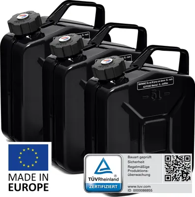 Produktbild von BW® Kraftstoffkanister Metall Benzinkanister 3x 5 Liter mit Schraubverschluss - Schwarz RAL 9005 - UN-Zulassung - Hergestellt in Europa