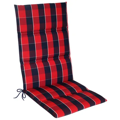 A red and blue plaid chair cushion on a white background.