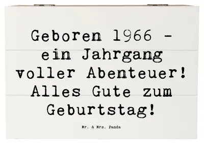 Produktbild von Mr. & Mrs. Panda Holztruhe Spruch 1966 Geburtstag Abenteuer 22 x 15 cm - Weiß - Geschenk, Glückwunsch, Geboren, Jubiläum, geschenkkiste, Alter, Kiste, schatztruhe, Box