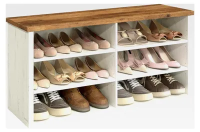 Produktbild von Schuhbank mit Stauraum, Sitzbank und Schuhregal, 6 Fächer, verstellbare Ablagen, für Wohnzimmer und Flur, 29,5 x 100 x 50 cm, vintageweiß-honigbraun