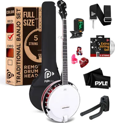 Produktbild von Pyle, 5-strunowe banjo rezonansowe rozmiar 24 wspornik, profesjonalny instrument z bębnem remo i twardym drewnianym tyłem - pełny zestaw dla początkujących gigbag, tuner