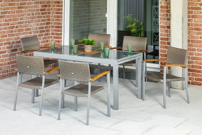 Produktbild von Merxx Gartenmöbelset "Silano" 7tlg. mit Ausziehtisch 160/220 x 90 cm - Aluminiumgestell Silber mit Kunststoffgeflecht Graubeige und Akazienholz