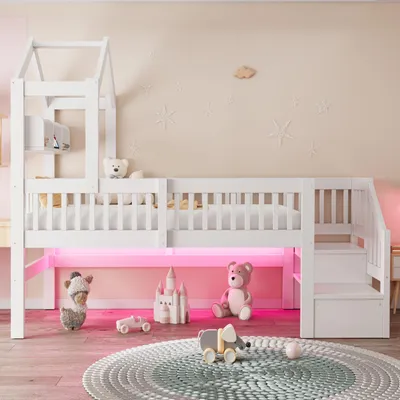 Image de Lit superposé Merax, dimensions 90 x 200 cm, avec cadre de toit, barrière de sécurité pour lit d'enfant, échelle avec espace de rangement, étagère avec port USB et éclairage LED, couleur blanche