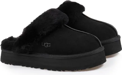 A pair of black UGG slippers on a white background.