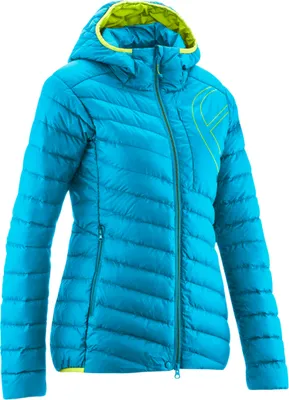 Edelrid Wo Eldo Jacket in Türkis mit Kapuze und gelben Akzenten; isolierende Damenjacke.