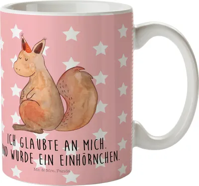 Produktbild von Mr. & Mrs. Panda Trinklernbecher Einhorn Glauben - Rot Pastell - Geschenk, Kunststoffbecher, Einhörnchen, Eichhörnchen, Eichhorn, Mehrwegbecher, Haferl, Plastikbecher