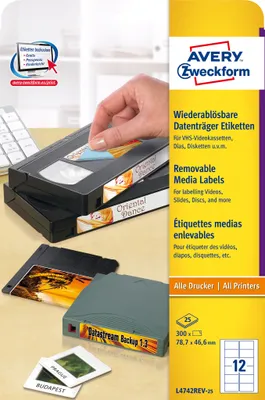 Produktbild von Avery Zweckform L4742REV-25 Etiketten für Speichermedien, 78,7 x 46,6 mm, 25 Blatt/300 Etiketten, weiß