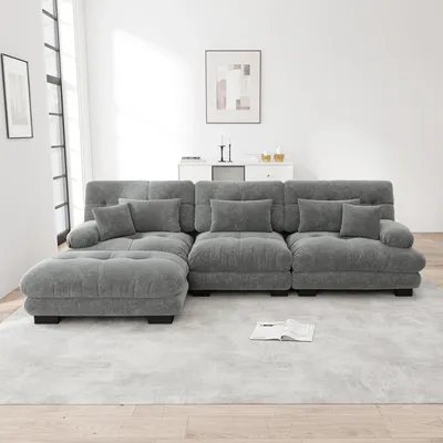 Image de Canapé d'angle en chenille en L, canapé modulaire « Cloud » avec pouf, assise profonde, canapé-lit, 313 x 145 x 81 cm, gris