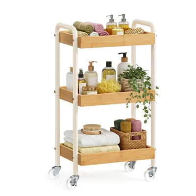 Produktbild von SONGMICS Servierwagen aus Bambus, Küchenregal mit Griffen, Rollwagen für Bad, Schlafzimmer, Küche, beige