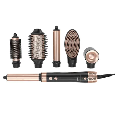 A set of hair styling attachments and the main body of a hair styler are arranged on a white background.