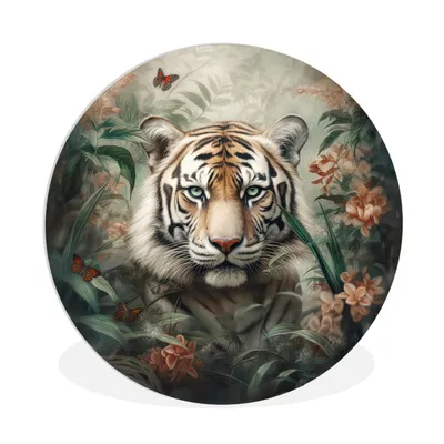 Produktbild von MuchoWow® Rundes Wandbild - Runde Bilder Tiger - Schmetterlinge - Tiere - Dschungel - Blumen Ø 90 cm Kreis Wanddekoration Kunststoff - Wandkreis - Wandschmuck - Wand-Kreis - Wohnzimmer - Bild - Runde - Wanddeko - Dibond - Kunstdrucke