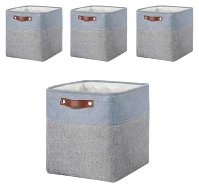 Immagine prodotto di Contenitore impilabile - Cesto portaoggetti - Set di 4 - Tessuto - 33x38x33 cm - Grigio-blu - Con maniglie - Cesto portaoggetti