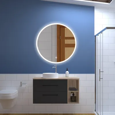 Image de Acezanble 99X46X52cm Ensemble Meuble Salle de Bain, avec Lavabo et miroir rond led, Suspendu