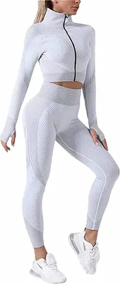 Image de ASKSA Femmes Yoga Combinaisons de sport manches longues Crop Top + Leggings 2 pièces Ensemble de vêtements Jogging, Gris, S