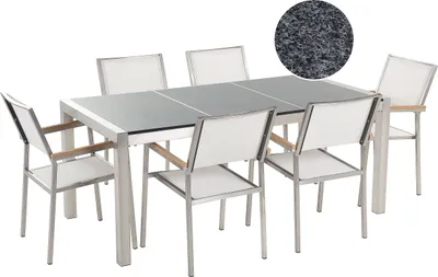 Produktbild von BELIANI Gartenmöbel Set Grau Weiß Granit Edelstahl Tisch 180 cm Poliert 6 Stühle Terrasse Outdoor Modern