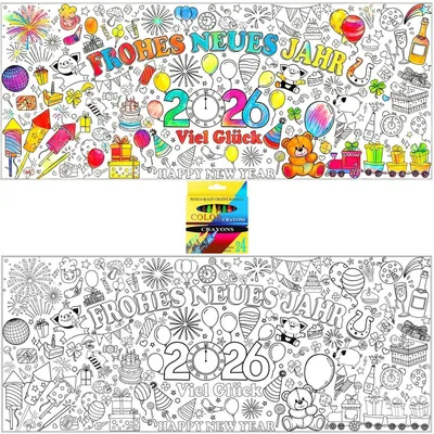 Immagine prodotto di Tovaglia da colorare, tema "Felice Anno Nuovo 2026", dimensioni 183x75 cm, con 24 matite colorate