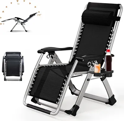 A black foldable zero gravity chair with a silver frame, shown in a reclined position with a drink and a small item on a side tray. There are inset images showing the chair folded and its reclining angles.