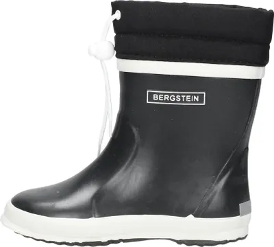A single black rain boot with a white sole and a black cuff with a white drawstring.